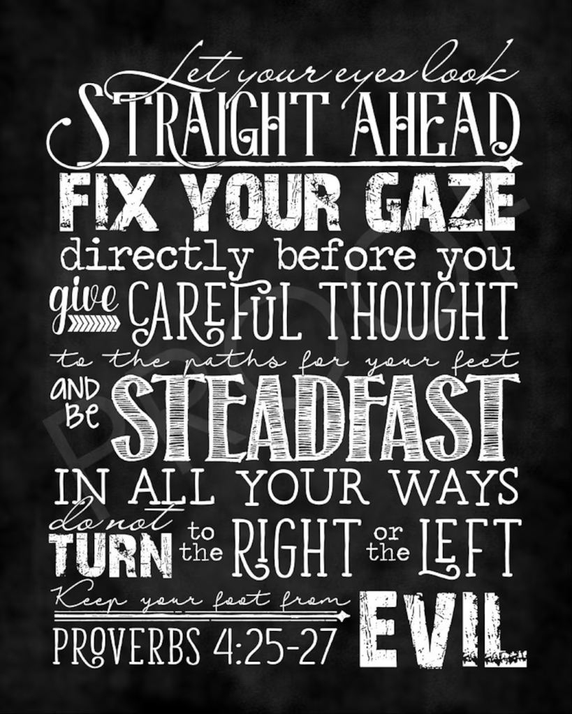 Illustration featuring the text of Proverbs 4:25-27 with a dark background, emphasizing guidance and steadfastness in life's path.