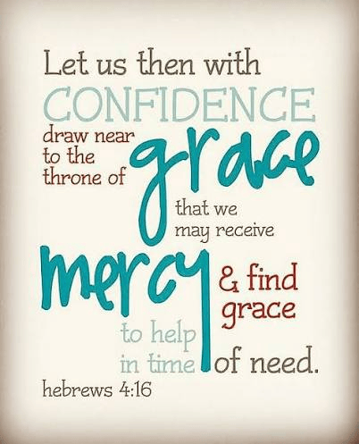 Artistic text design featuring the Bible verse Hebrews 4:16, emphasizing themes of confidence, grace, and mercy.