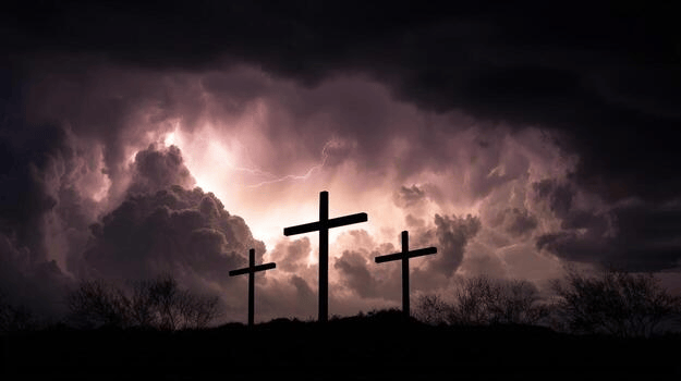 Silhouette of three crosses against a dramatic sky with dark clouds and lightning.