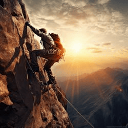 A climber ascending a rocky mountain with a sunset backdrop, showcasing determination and adventure.